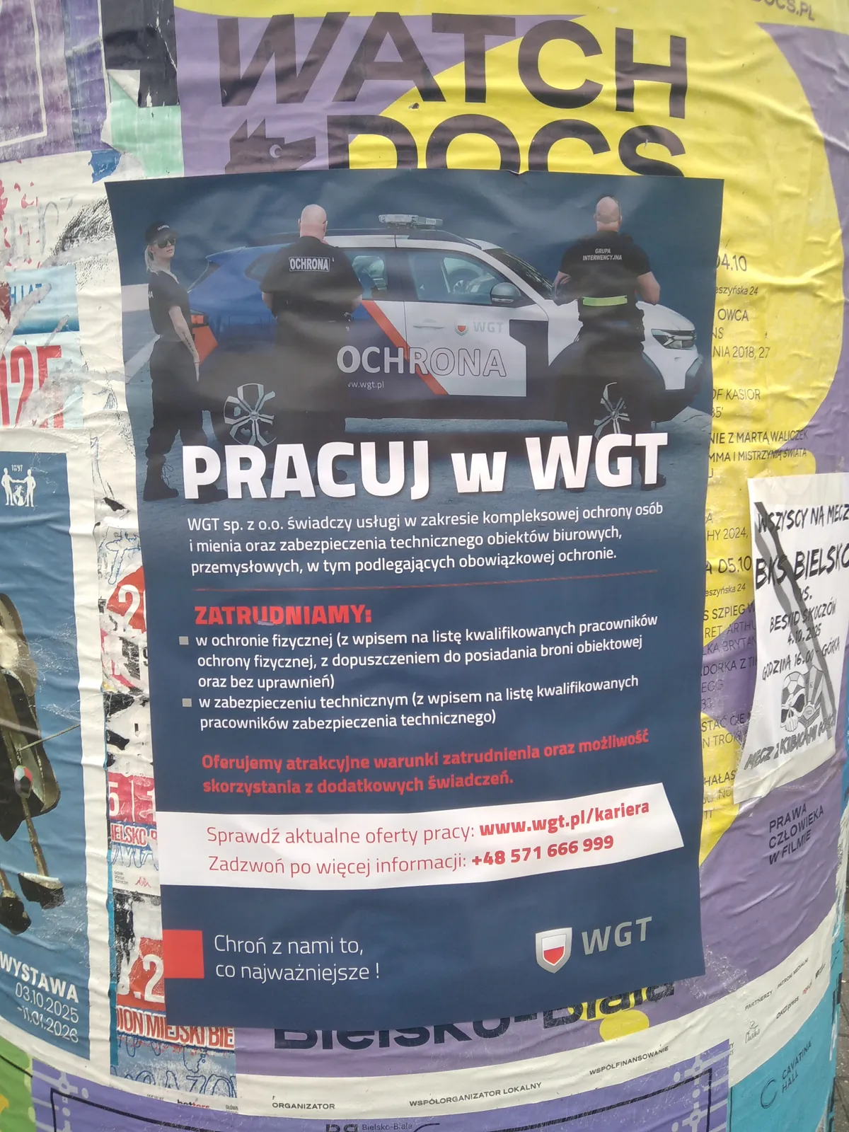 Plakatowanie Bielsko-Biała - realizacja: rekrutacja ochrona WGT - 'Pracuj w WGT'