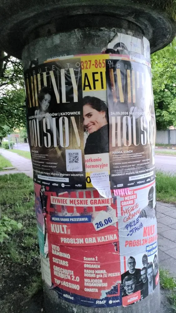 Plakat koncertu Tribute to Whitney Houston na słupie ogłoszeniowym w Katowicach