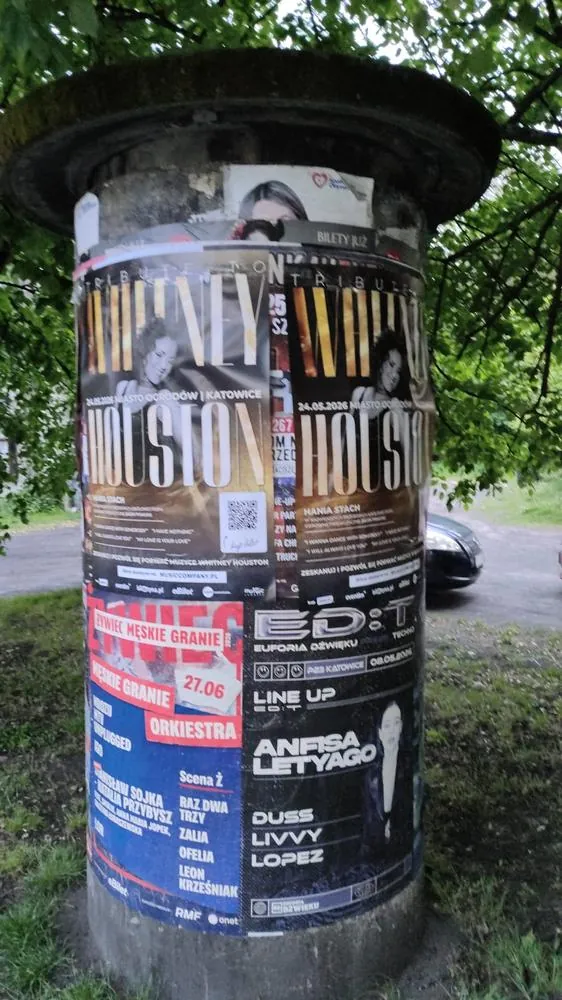 Plakat koncertu Tribute to Whitney Houston na słupie ogłoszeniowym w Katowicach