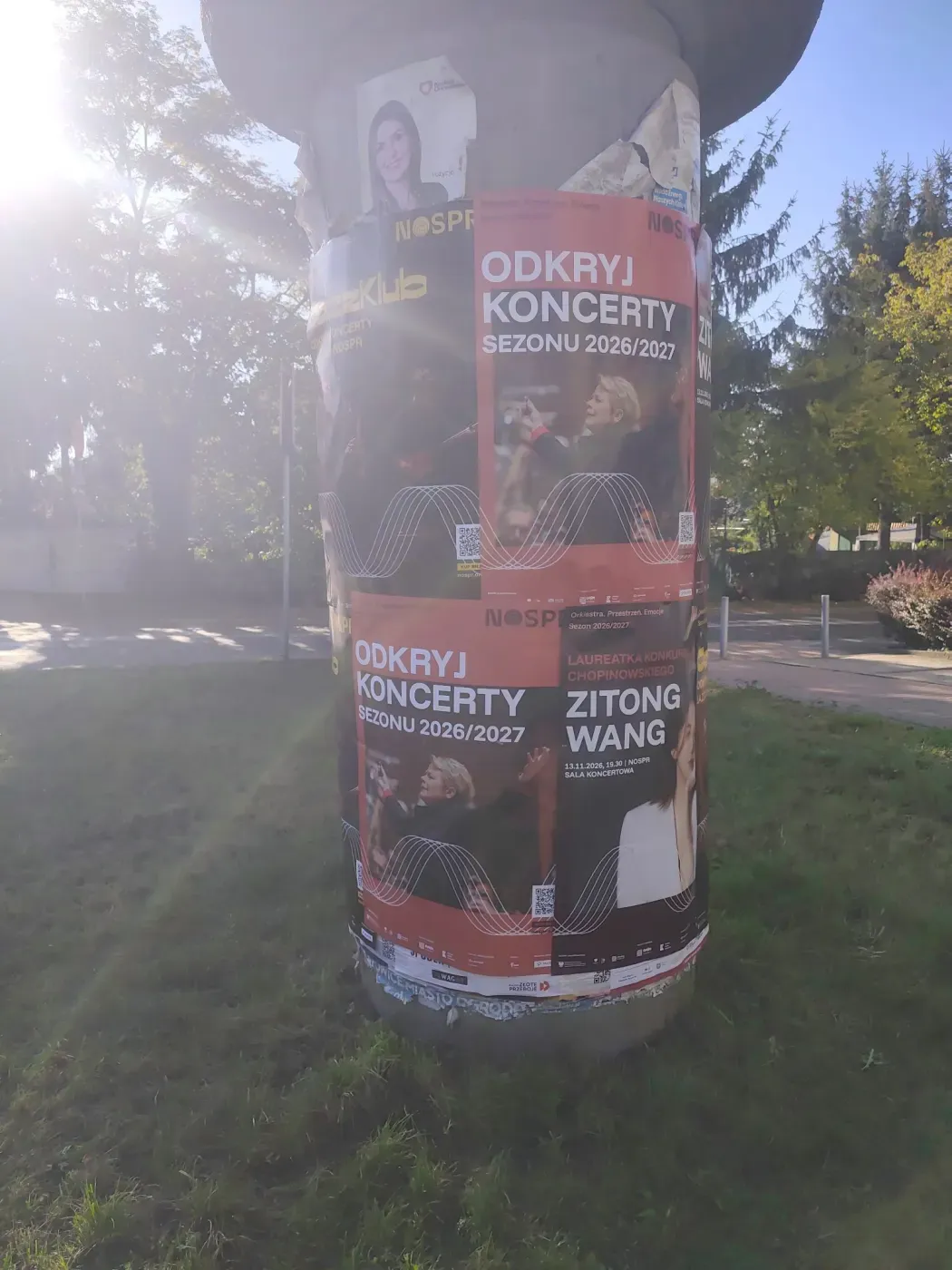 Plakaty koncertowe na słupie ogłoszeniowym ustawionym przy zieleni i chodniku