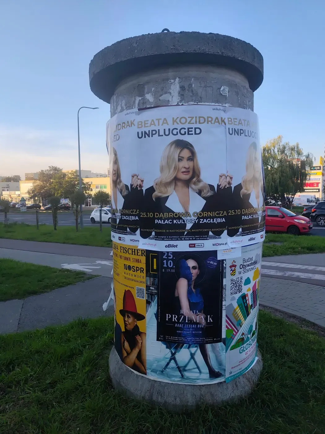 Słup ogłoszeniowy z plakatami Beata Kozidrak Unplugged przy ulicy i przejściu dla pieszych w Sosnowcu