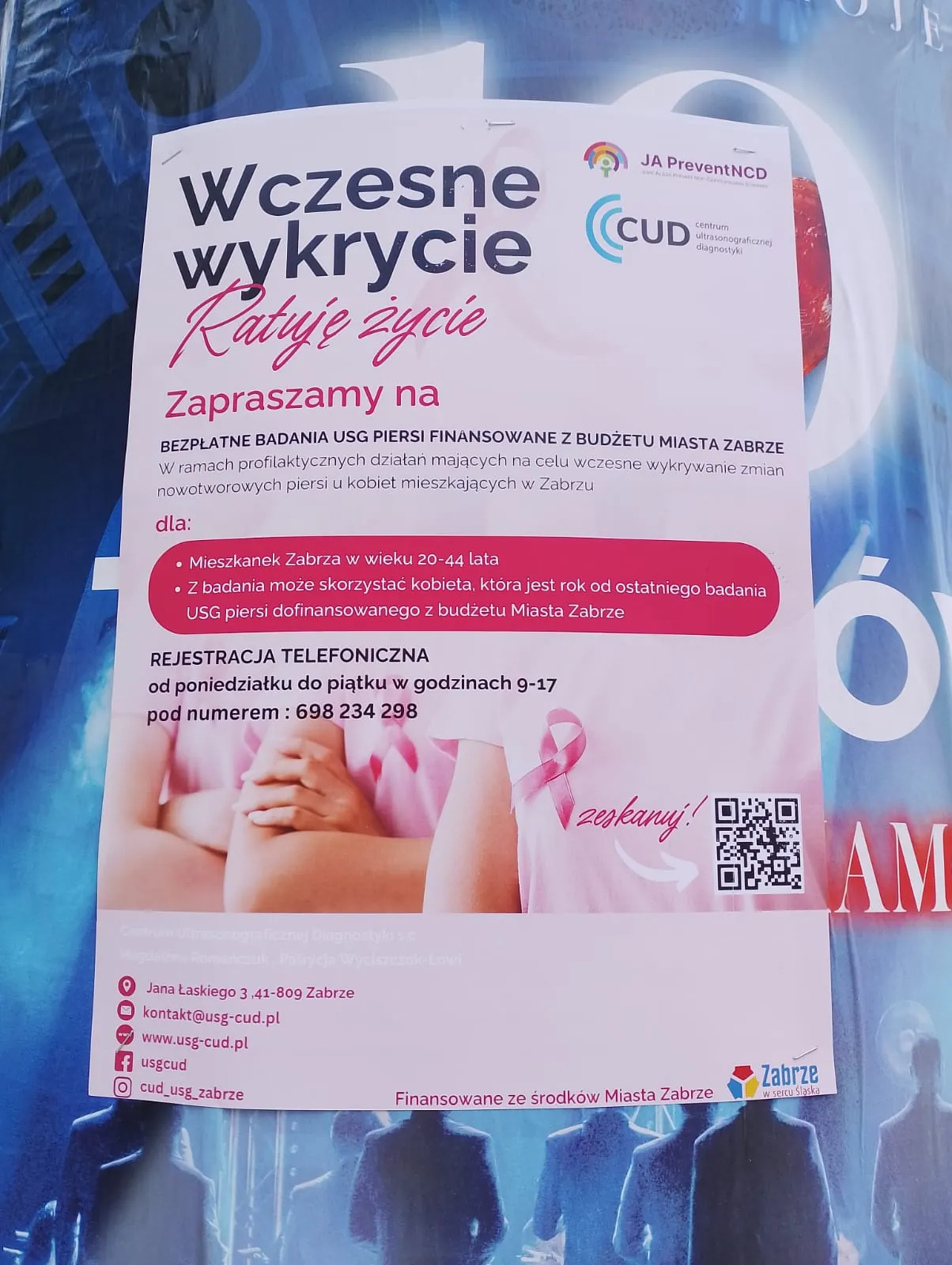 Plakatowanie Zabrze - realizacja: CUD - kampania 'Wczesne wykrycie ratuje zycie': bezplatne USG piersi (budzet Miasta Zabrze)