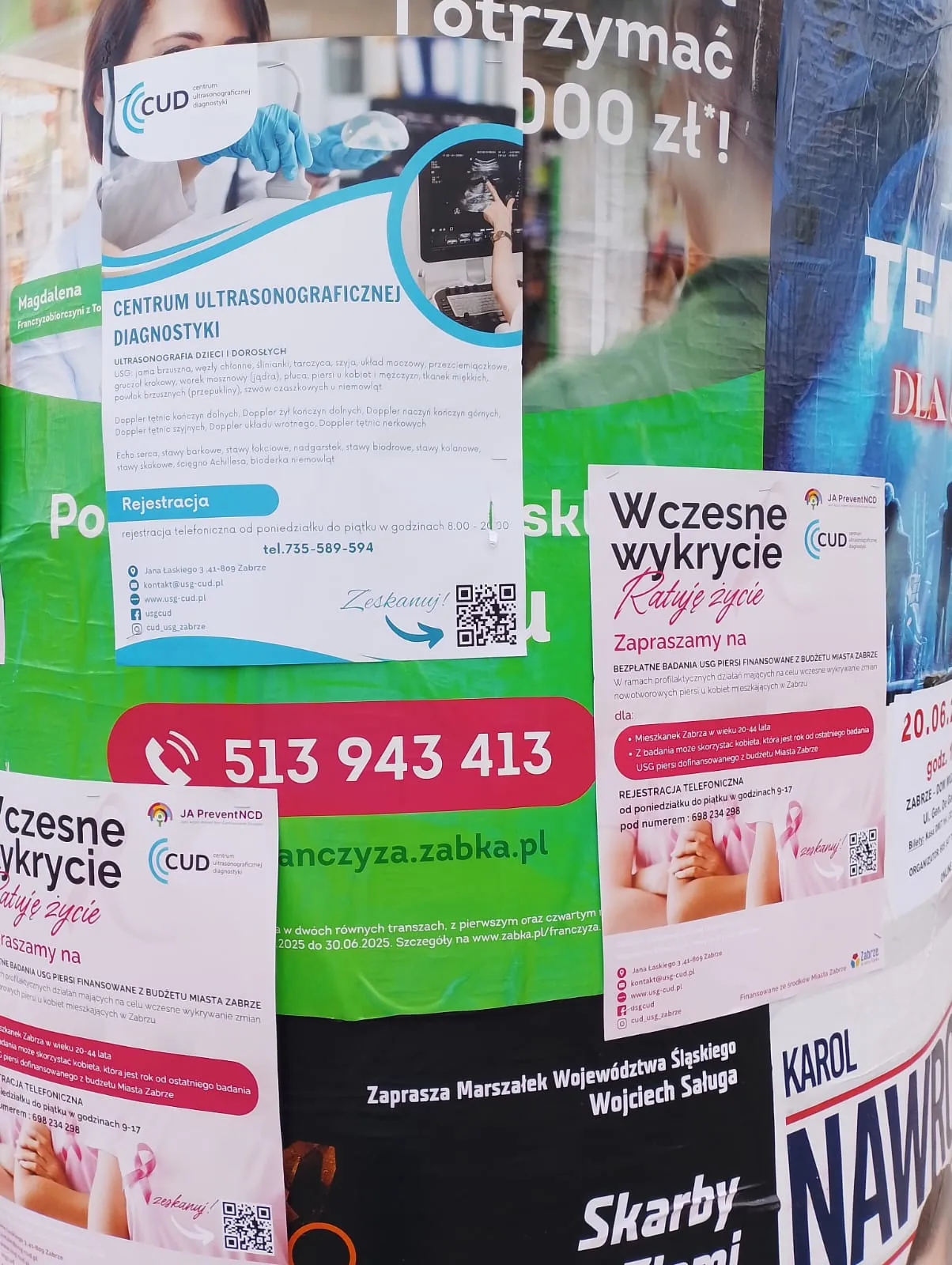 CUD - kampania 'Wczesne wykrycie ratuje zycie': bezplatne USG piersi (budzet Miasta Zabrze) - plakat na słupie ogłoszeniowym w Zabrzu