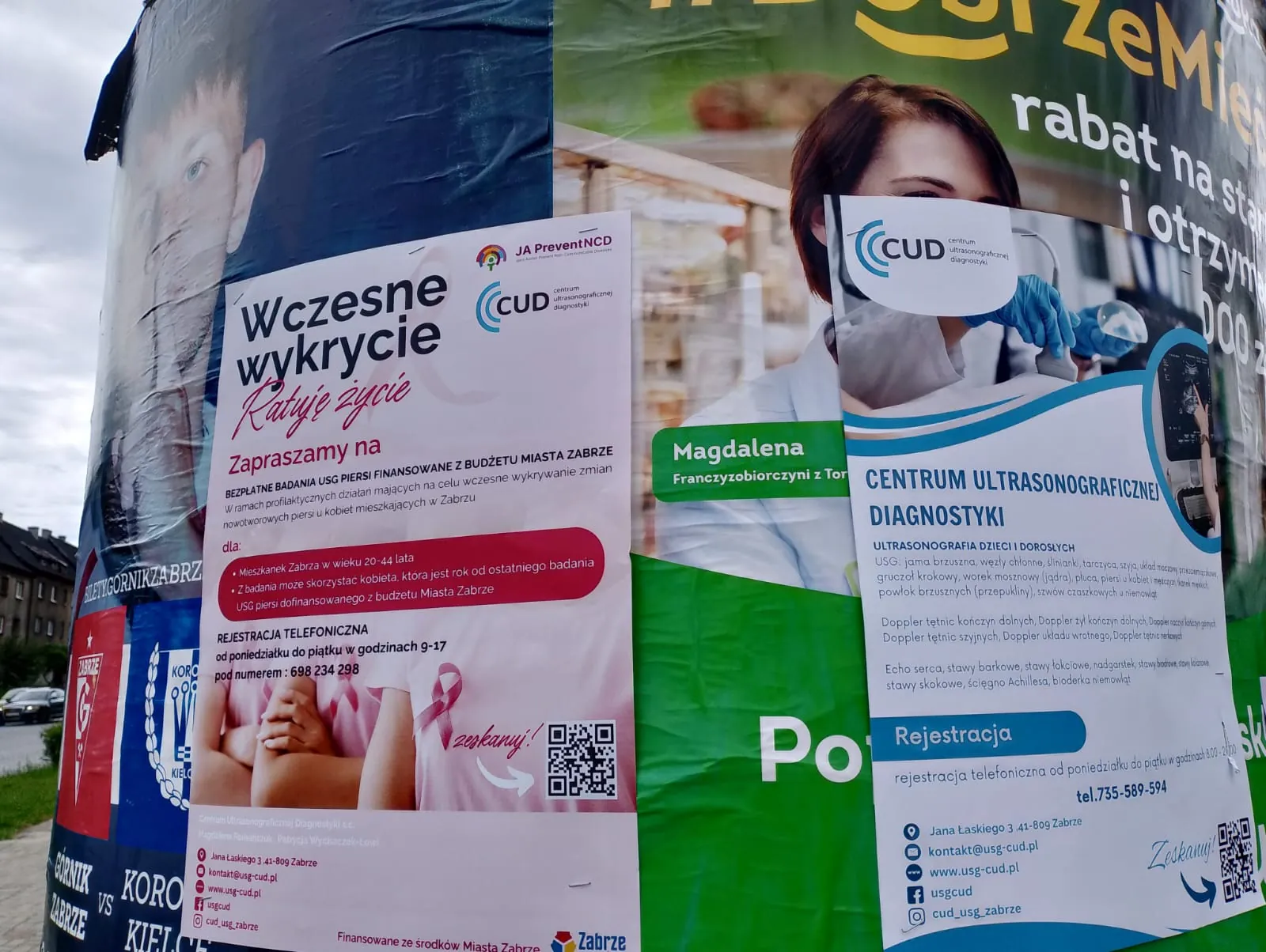 CUD - kampania 'Wczesne wykrycie ratuje zycie': bezplatne USG piersi (budzet Miasta Zabrze) - plakat na słupie ogłoszeniowym w Zabrzu