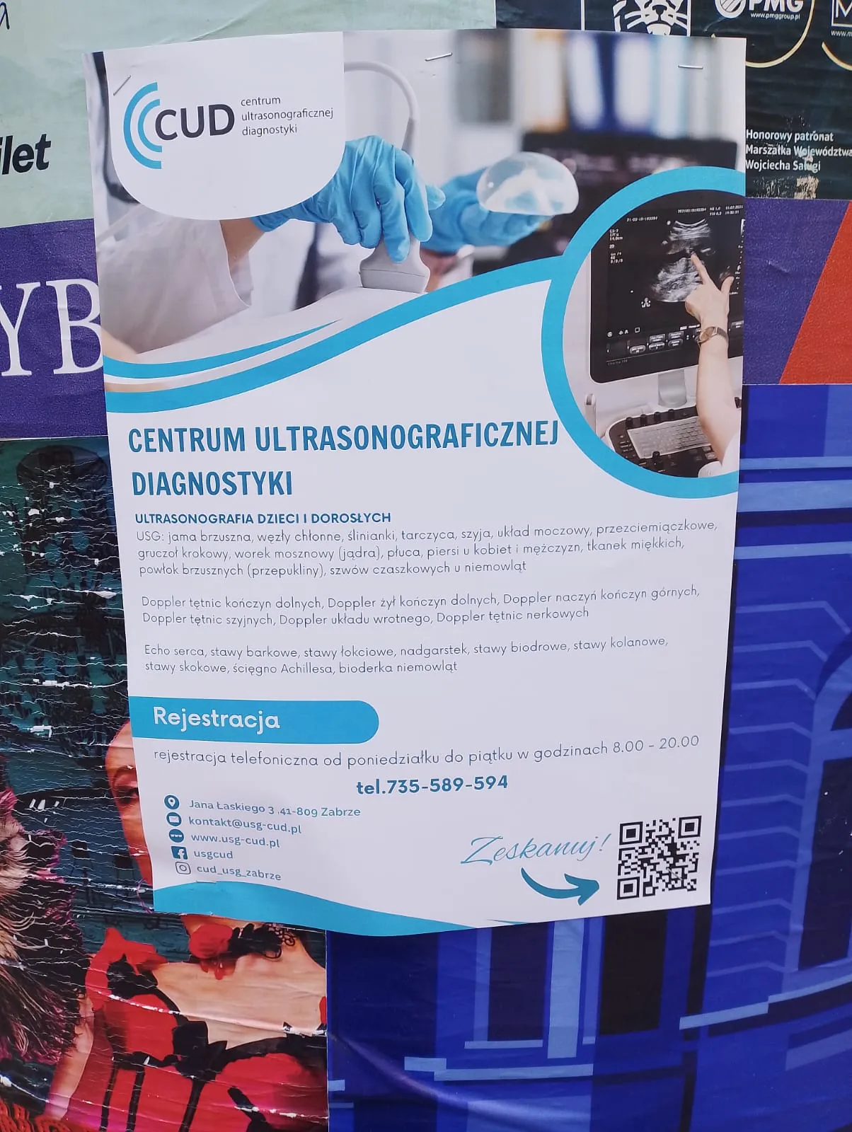 CUD - kampania 'Wczesne wykrycie ratuje zycie': bezplatne USG piersi (budzet Miasta Zabrze) - plakat na słupie ogłoszeniowym w Zabrzu