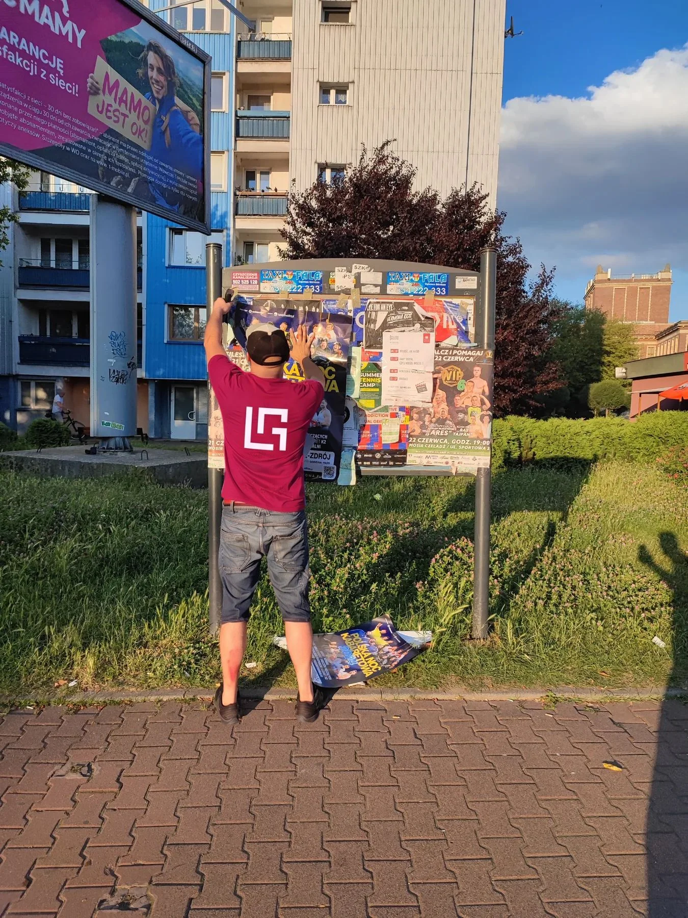 Rozwieszanie plakatów na słupie ogłoszeniowym w Płocku